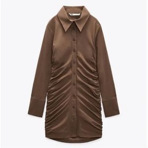 NWT Zara Shirt Dress with Gathering Ruching Brown
